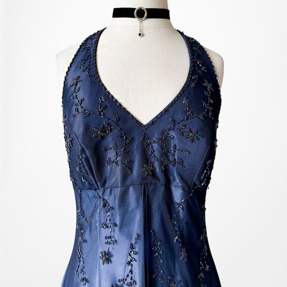 Vintage Blue Gradient Satin Mesh Floral Beaded Babydoll Style Prom Dress Size M - Picture 5 of 8